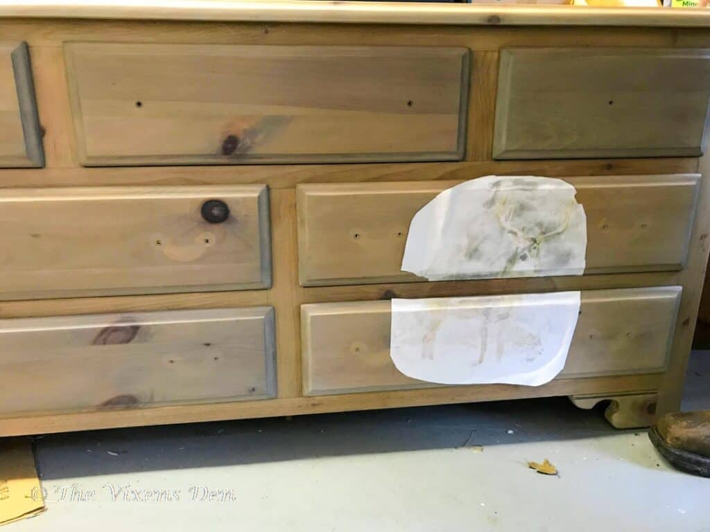 raw wood stained dresser with transfer applied