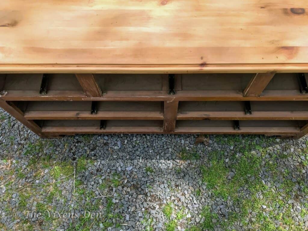 overview of pine dresser top and front with stain removed