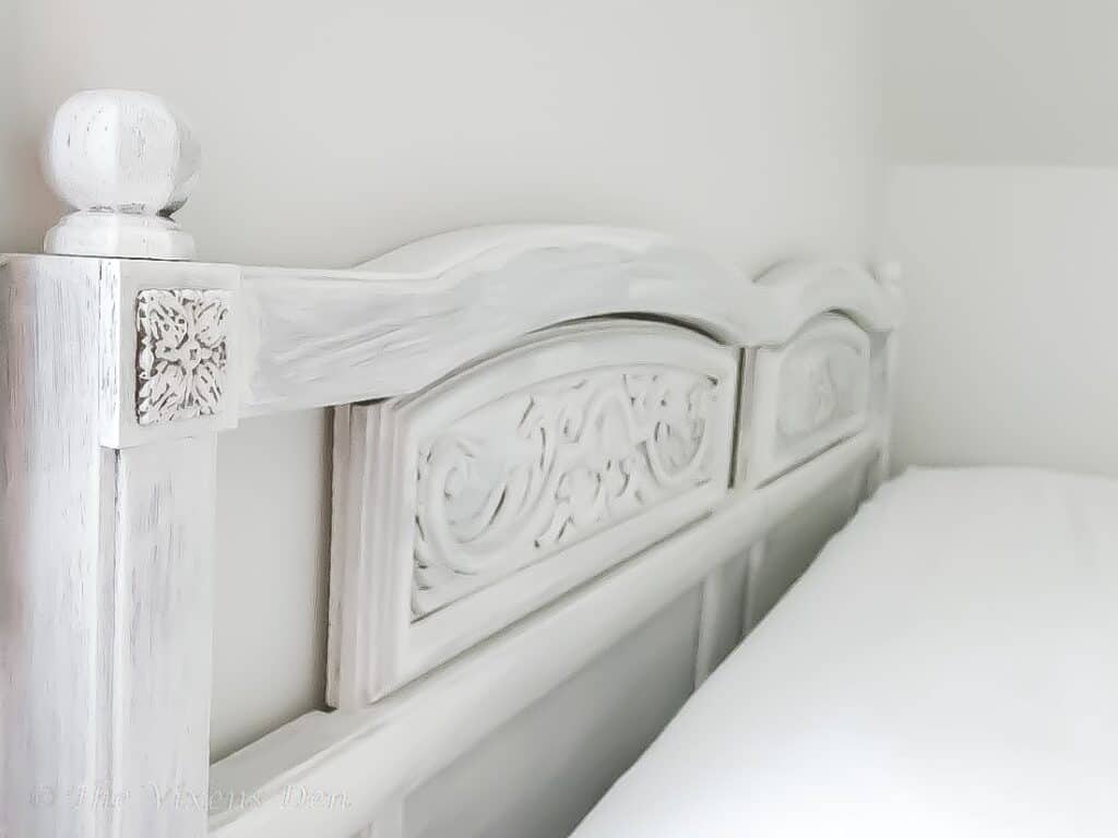 angled view of 80's headboard makeover project with focus on details