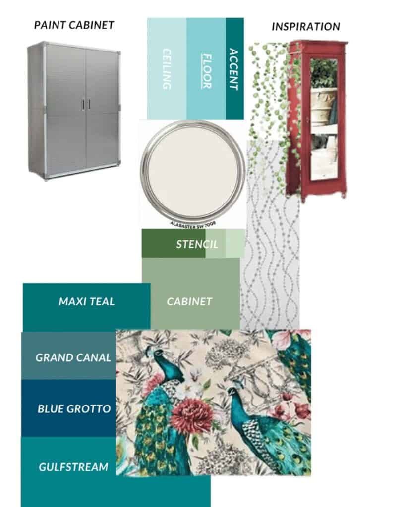 design board with paint samples, peacock fabric, pearls stencil, original metal cabinet and red cabinet with mirror front