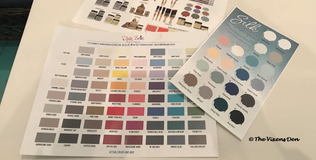 paint swatch sheets for Dixie Belle Chalk Mineral and Silk All In One paints