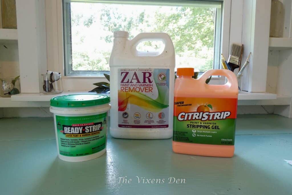 a variety of gel and semi-paste paint and varnish removers: ready-strip, zar, and citristrip