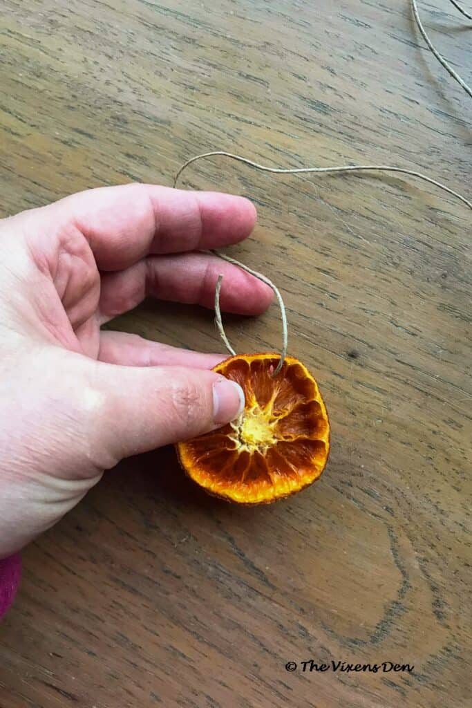 closeup showing the step of stringing a dried orange slice with hemp cord