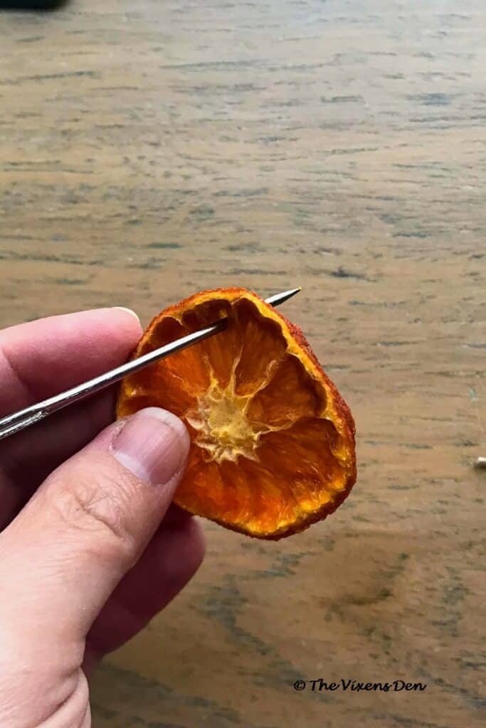 a needle being peirced through a section of a dried orange slice to make a hole for cording