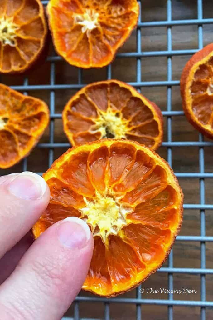 closeup of a dried orange slice with a rack of dried orange slices in the background