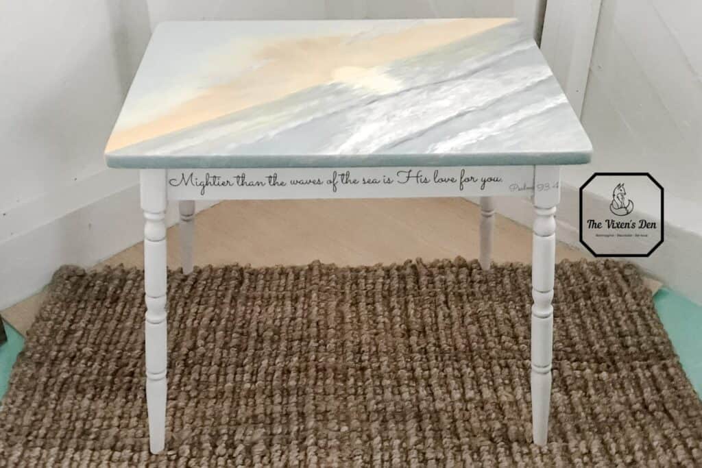 final view of the chalk painted children's table with painted top, bible verse transfer, and waxed legs