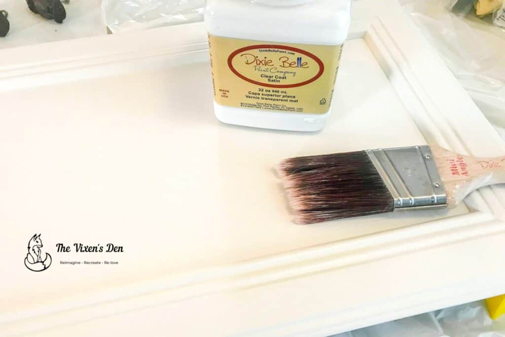 painted cabinet door with satin clear coat and mini angle brush