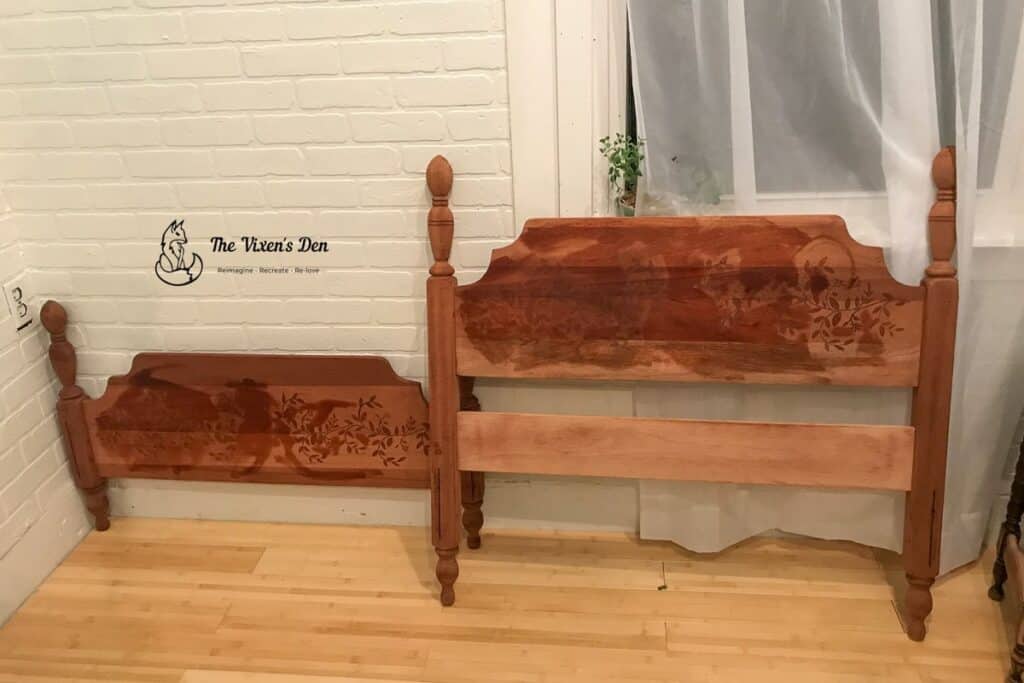 stenciled mahogany headboard and footboard-min