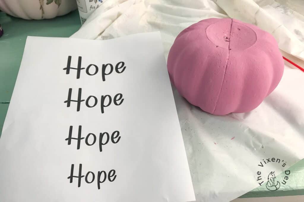 Breast Cancer Pumpkin with a paper printed with the word Hope in different font sizes
