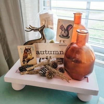Fall Vignette with Mushrooms, Autumn Flash Card, and Amber Bottles-The Fifth Sparrow No More