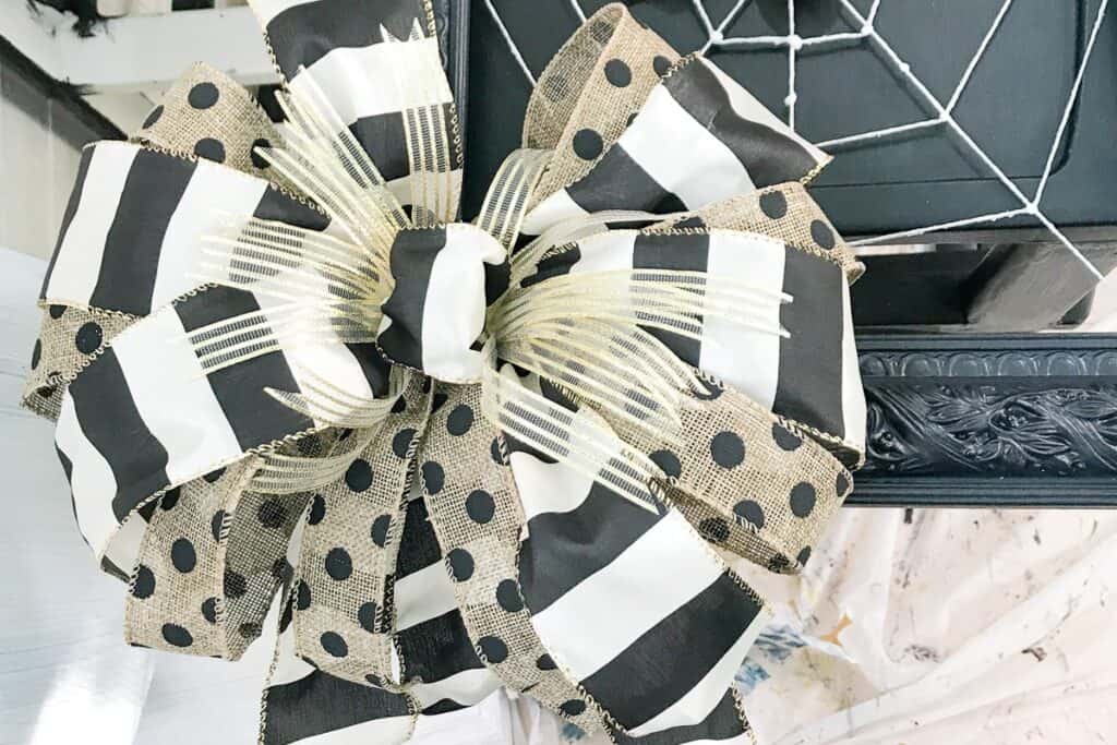 process - gold, black and white striped and burlap bow for spider web wreath
