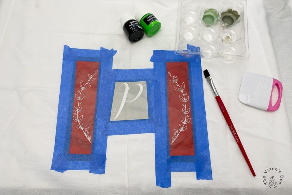 Mesh Stencils Applied to Fabric Towels with Painters Tape (2)