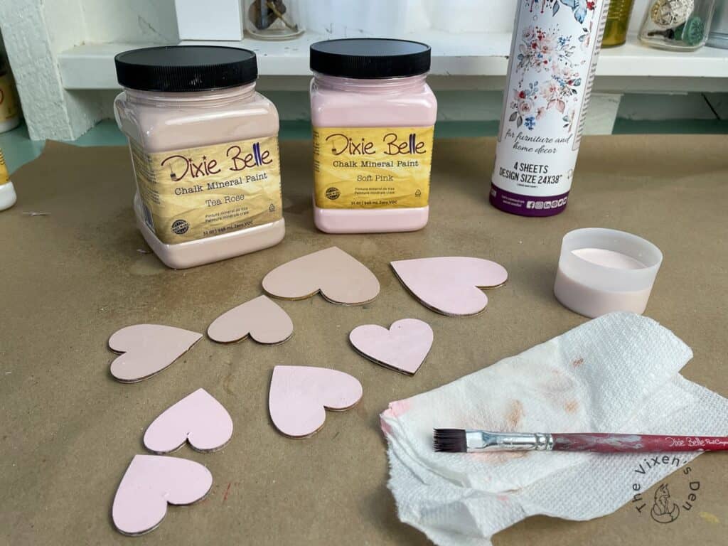 Dixie Belle paints with Bohemian wedding transfer, painted hearts and artist brush