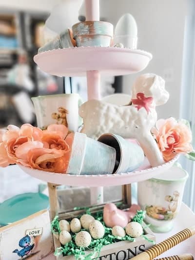 Easter Tiered Tray with Vintage Pieces-min