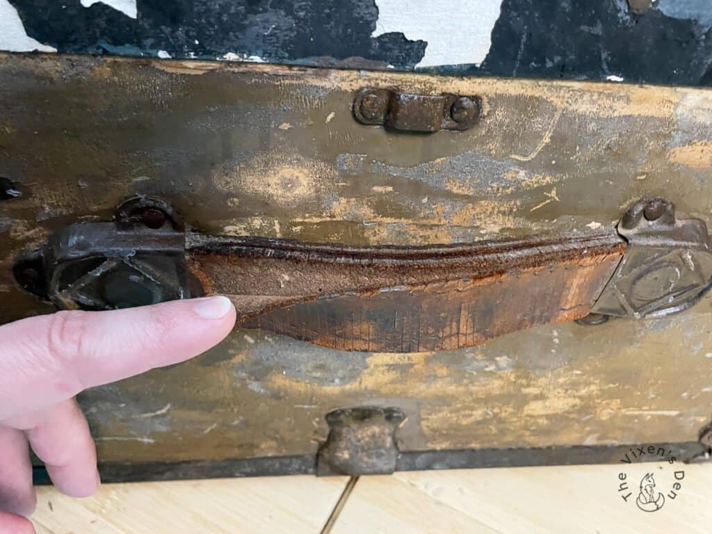 Old Wood Trunk Makeover-leather handles coming apart
