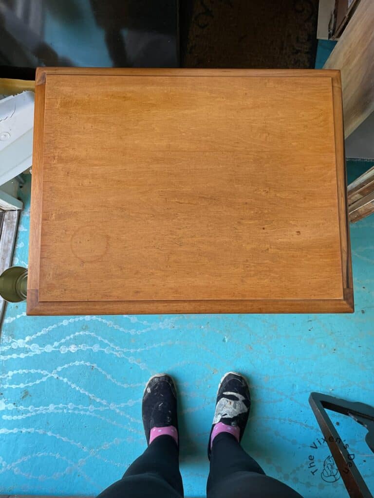 Stripped and sanded tabletop with water ring still showing