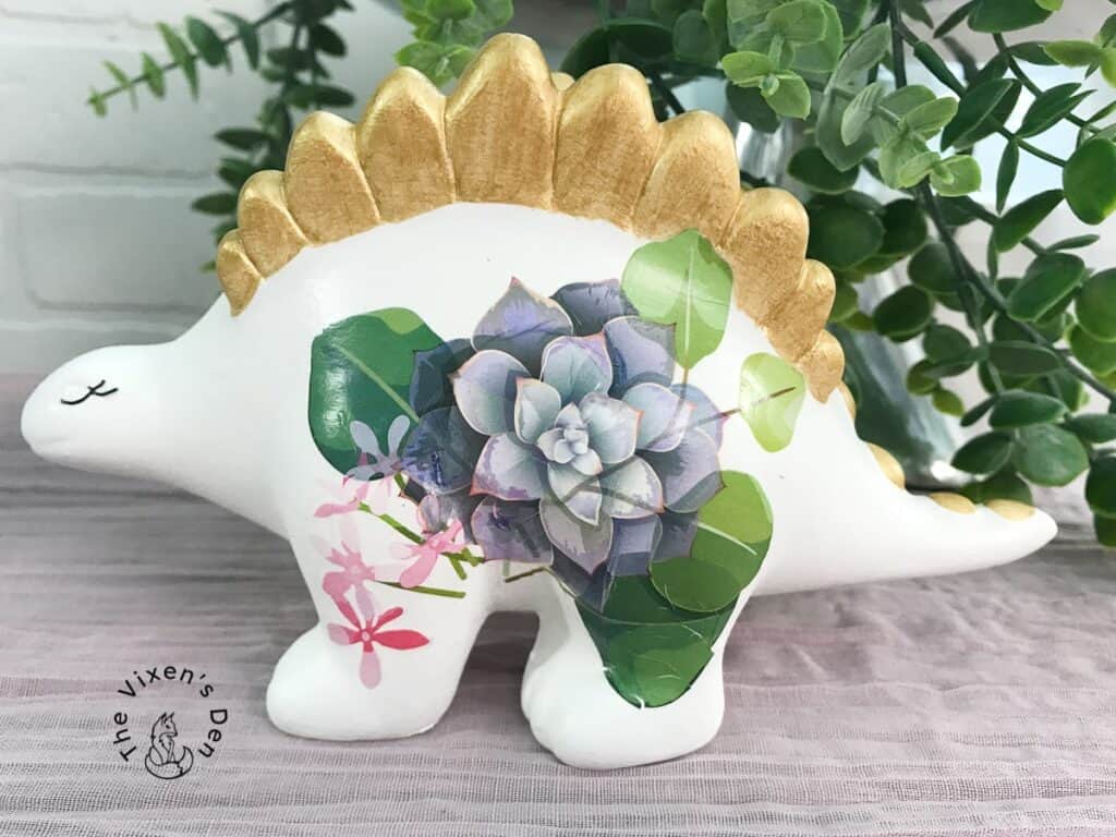 boho ceramic brontosaurus with succulent transfer and gold painted back plates - The Vixens Den-min