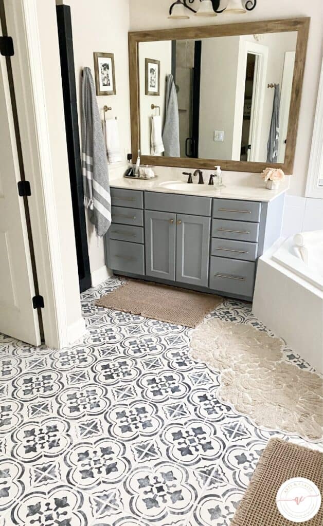 DIY Master Bathroom Makeover - How to Paint Your Tile Floors on a Budget - After Bathroom Floors - Arts and Classy-min