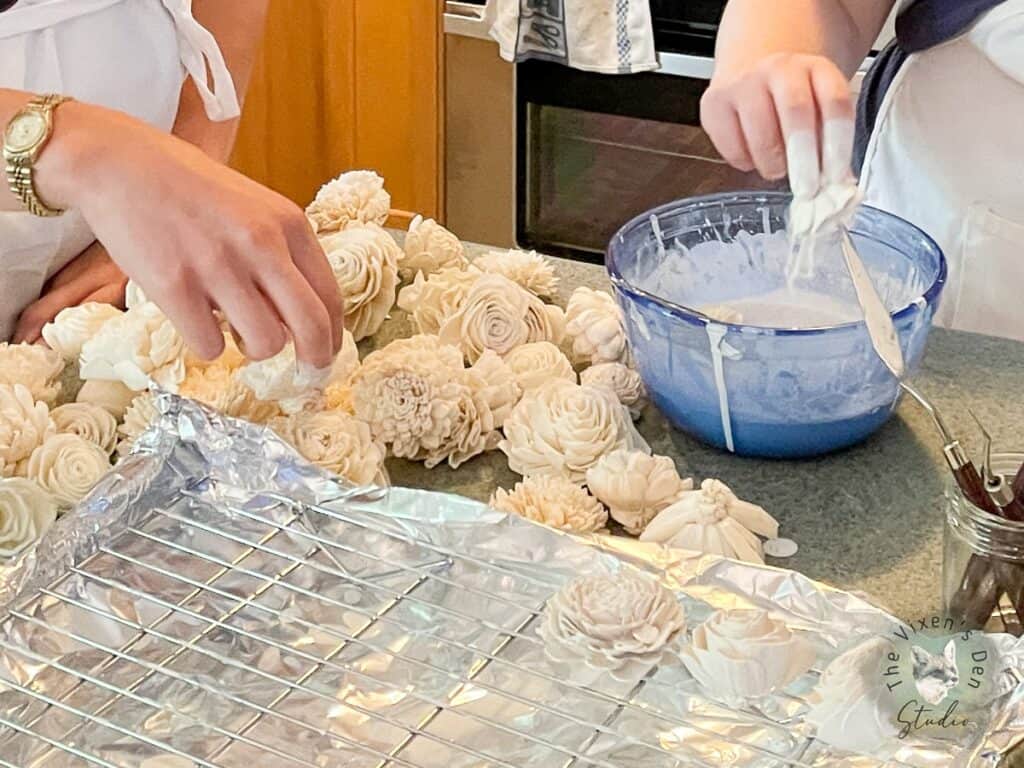 Dipping Sola Wood Flowers into a Single Color Chalk Paint Dye