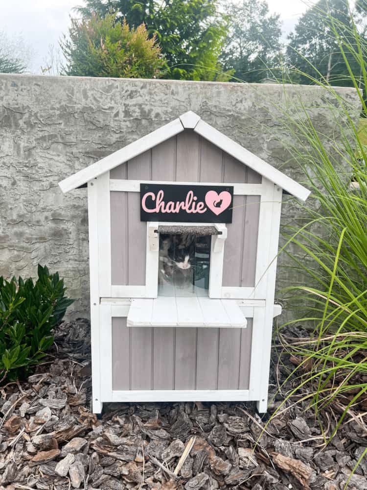 A cat house with a sign that says charlie.