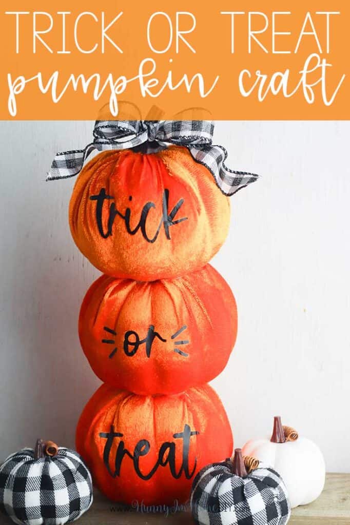 A trio of pumpkins with the words trick or treat.