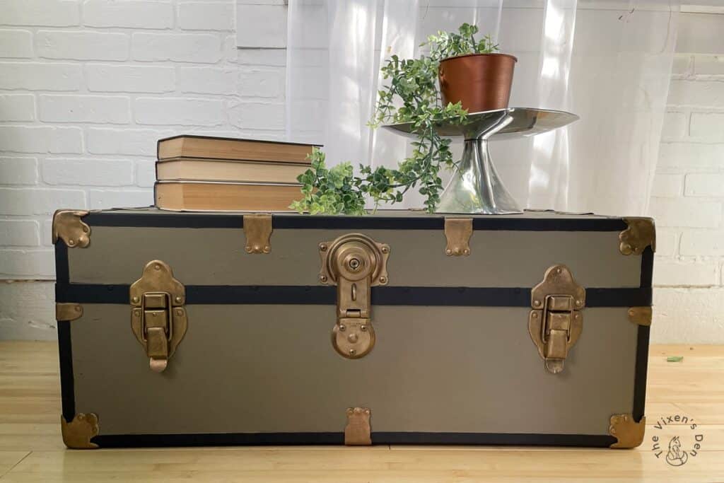 A green trunk with brass handles and a plant on top.