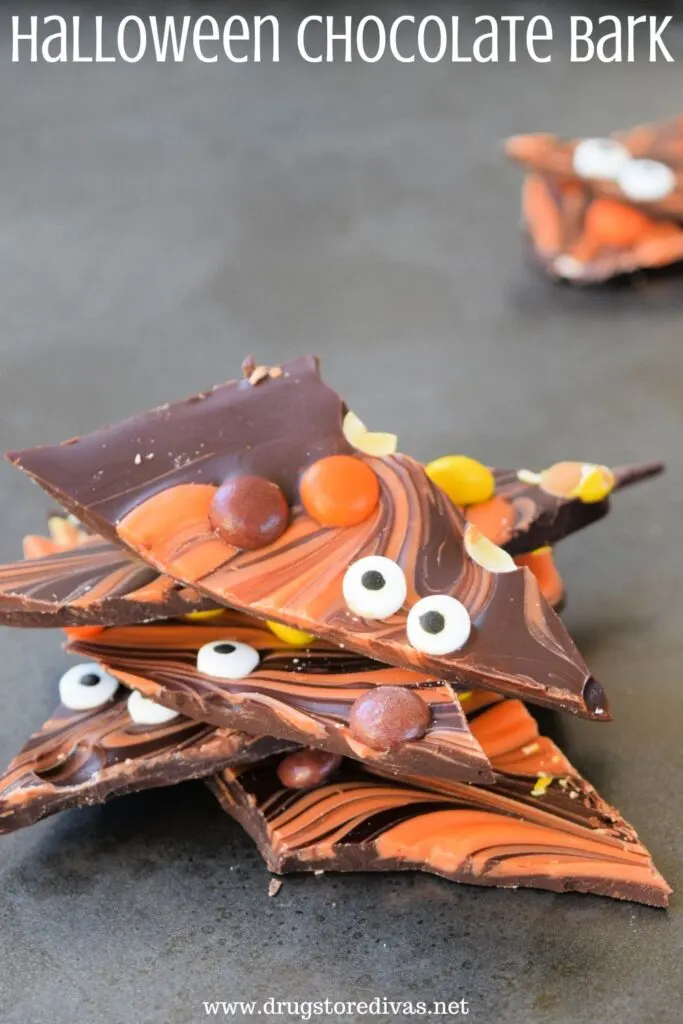 Halloween chocolate bark made with chocolate chips and marshmallows.