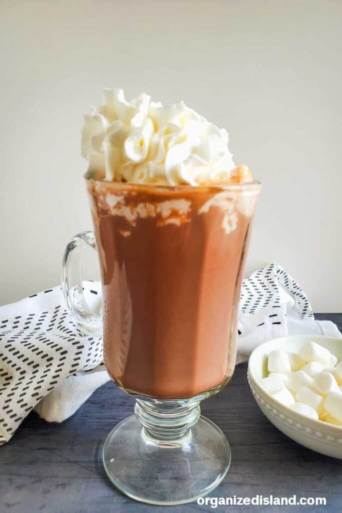 A cup of hot chocolate with marshmallows and whipped cream.