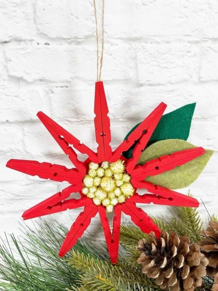 A red poinsettia hanging from clothespins.