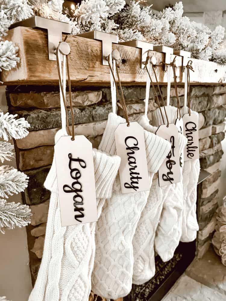 Christmas stockings hanging on a fireplace mantel.
