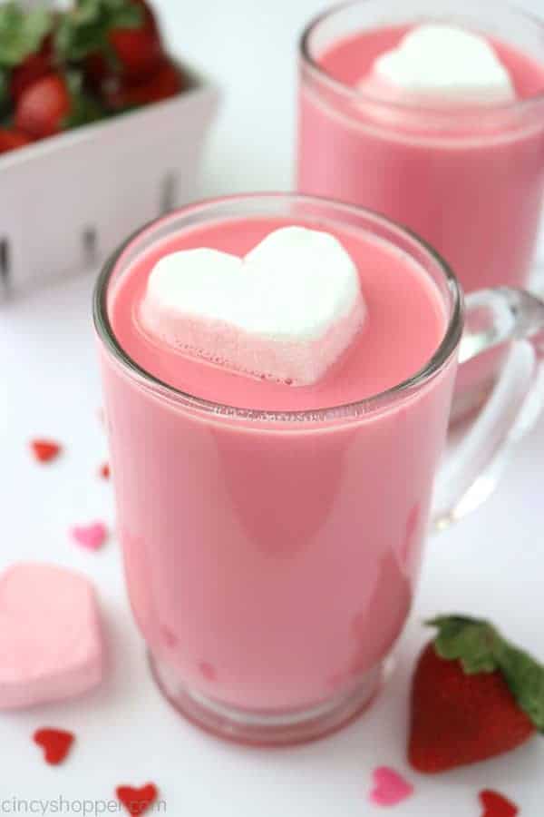 Valentine's day hot chocolate with marshmallows and strawberries.