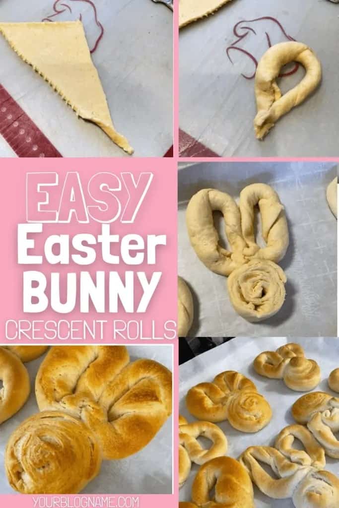 Step-by-step tutorial for making easter bunny-shaped crescent rolls.