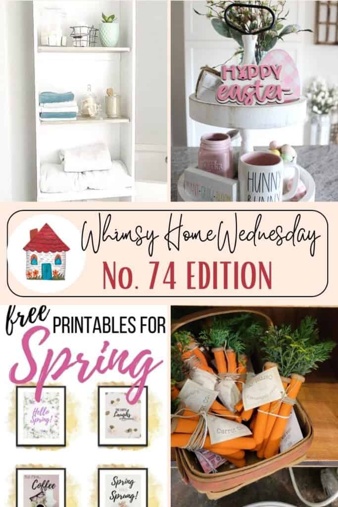 A collage showcasing spring-themed home decorations and free printables, including neatly arranged bathroom towels, a festive easter centerpiece, illustrated house artwork, and carrot-shaped cutlery holders.