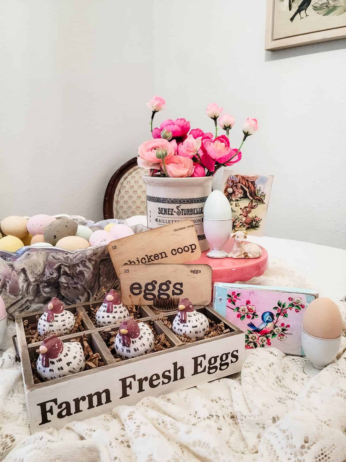 Farm fresh eggs and flowers on a table.