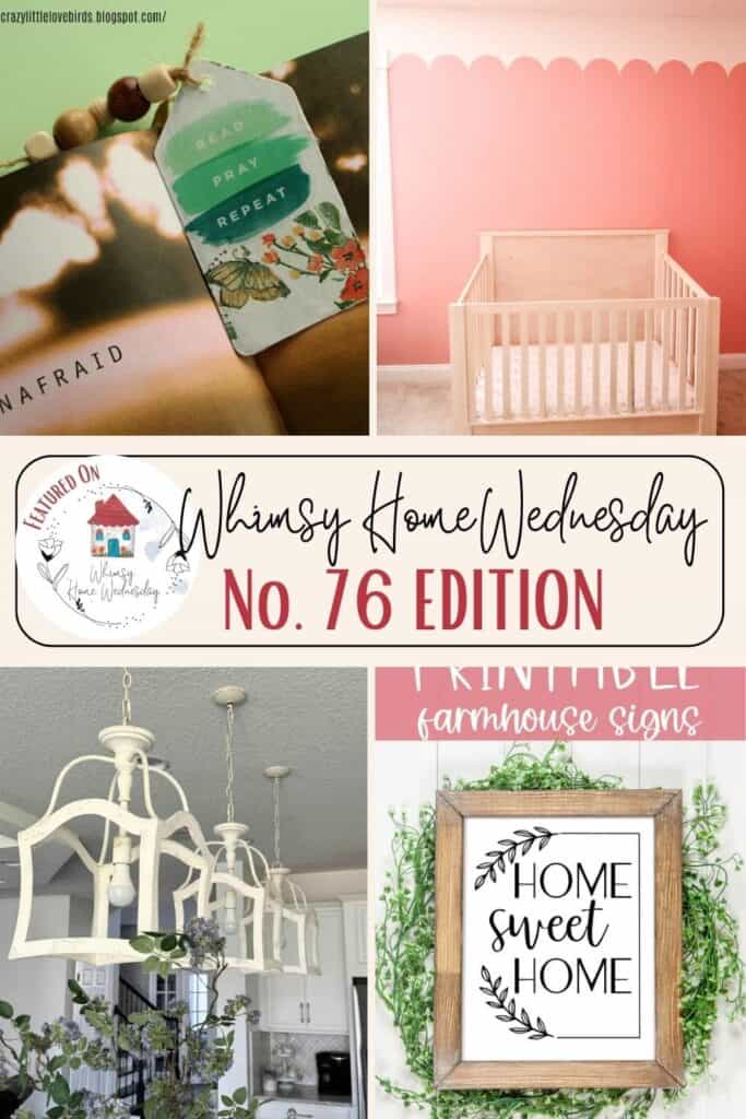 A collage showcasing home decor themes with a luggage tag, a nursery, a painted sign, and a chandelier.