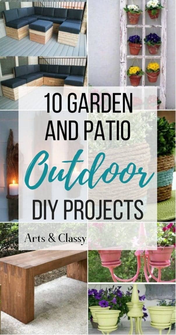 Collage of various garden and patio diy projects including painted chairs, vertical planted shutters, a wooden bench, and hanging pink planters.