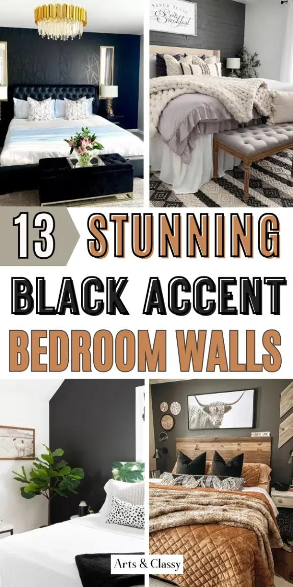 A collage of bedroom interiors showcasing 13 different designs with black accent walls.
