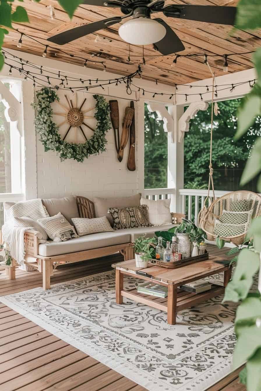 A cozy porch with a woven sofa, cushions, a hanging chair, a wooden coffee table, potted plants, and wall decorations including a wreath with greenery and wooden paddles.