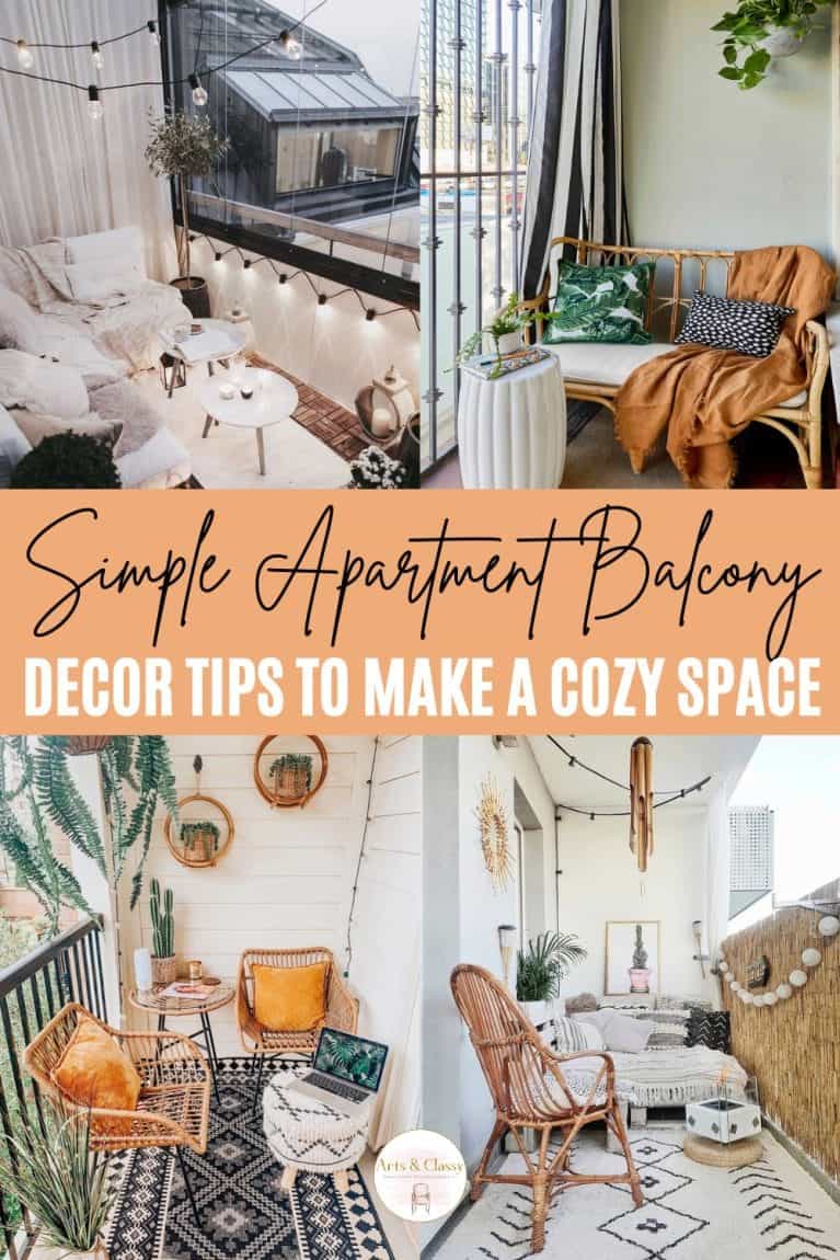 Collage of four cozy apartment balconies featuring various decor elements like string lights, throw pillows, blankets, and plants. Text reads: "Simple Apartment Balcony Decor Tips to Make a Cozy Space.