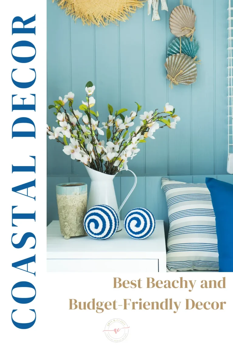 A coastal-themed interior setup featuring a blue and white color scheme with beach decor items, such as striped pillows, a vase with flowers, decorative spheres, and wall-mounted wicker accents. Text reads "COASTAL DECOR" and "Best Beachy and Budget-Friendly Decor.