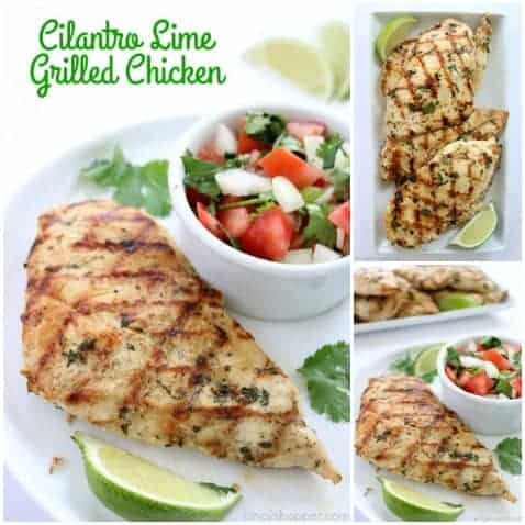 Grilled chicken breast with cilantro and lime, served with a side of salsa and lime wedges on a white plate. Text reads "Cilantro Lime Grilled Chicken.