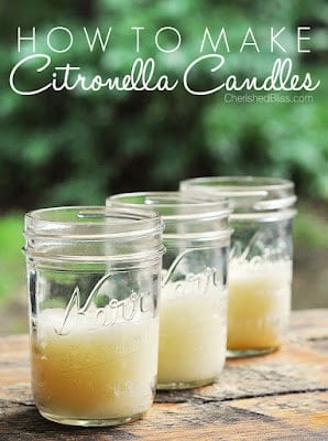 Three mason jars with partially melted citronella candles on a wooden surface, accompanied by text: "HOW TO MAKE Citronella Candles Cherishedbliss.com.