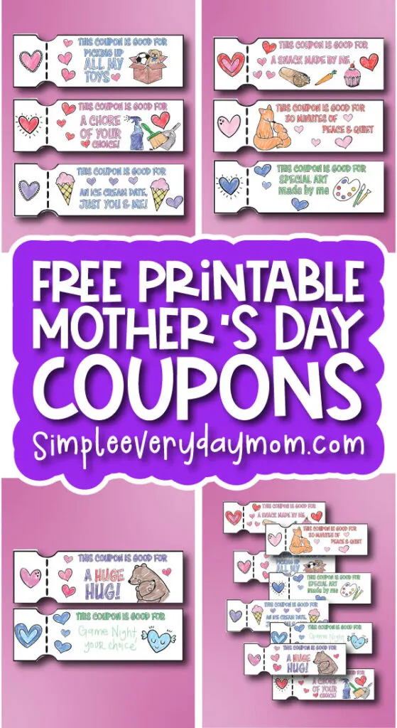 Promotional image for free printable mother's day coupons from simpleeverydaymom.com, featuring colorful coupon cards with various redeemable offers.