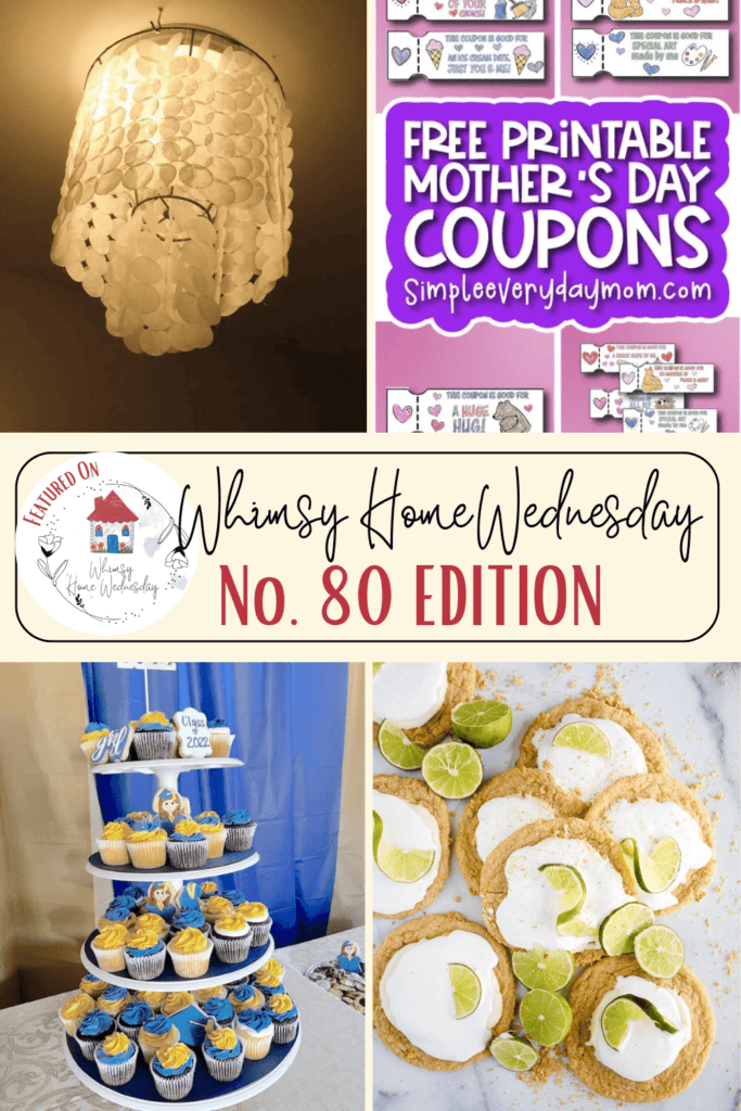 Collage of four images: an elegant shell lamp, mother's day coupon printables, a themed cupcake stand, and decorative lime cookies on a table.