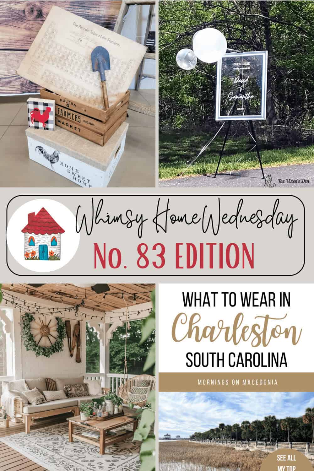 Collage image featuring DIY garden decor, an outdoor event display, a porch setup with hanging plants and a woven chair, and a beach scene promoting what to wear in Charleston, South Carolina.