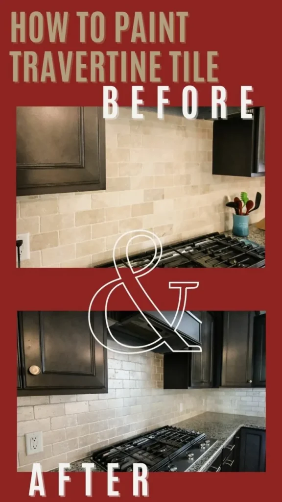 Before and after images of a kitchen backsplash, showing unpainted travertine tiles in the top photo and the same area with black painted tiles in the bottom photo.