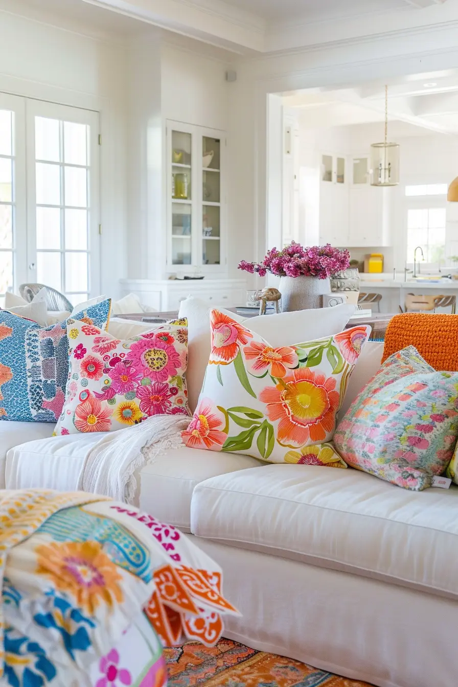 A brightly lit living room with a white couch adorned with colorful floral and patterned throw pillows. The background features a white kitchen and a vase of purple flowers on a counter.
