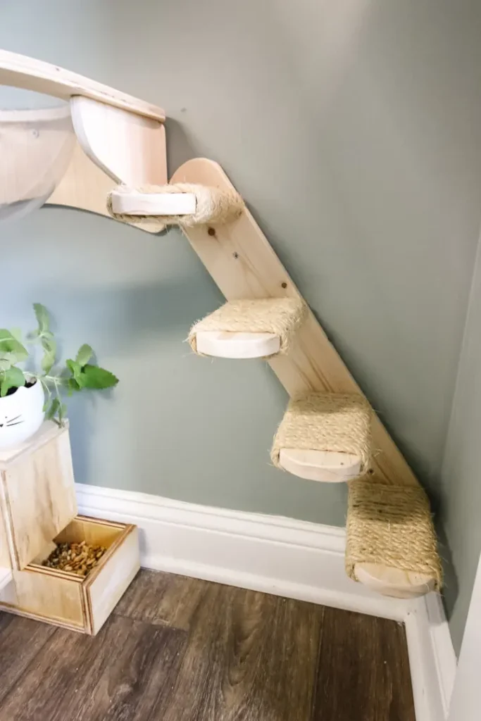 A wooden cat staircase with four steps covered in sisal rope is attached to a wall next to a planter with green leaves and a wooden container holding cat food on the floor.