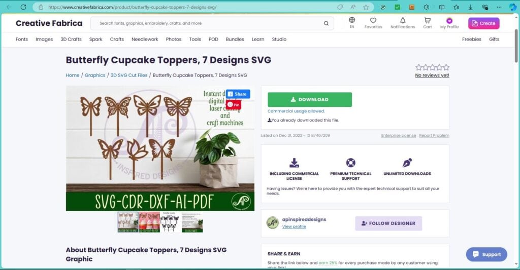 Screenshot of a Creative Fabrica webpage displaying "Butterfly Cupcake Toppers, 7 Designs SVG." The page includes options to download, item description, and user reviews.