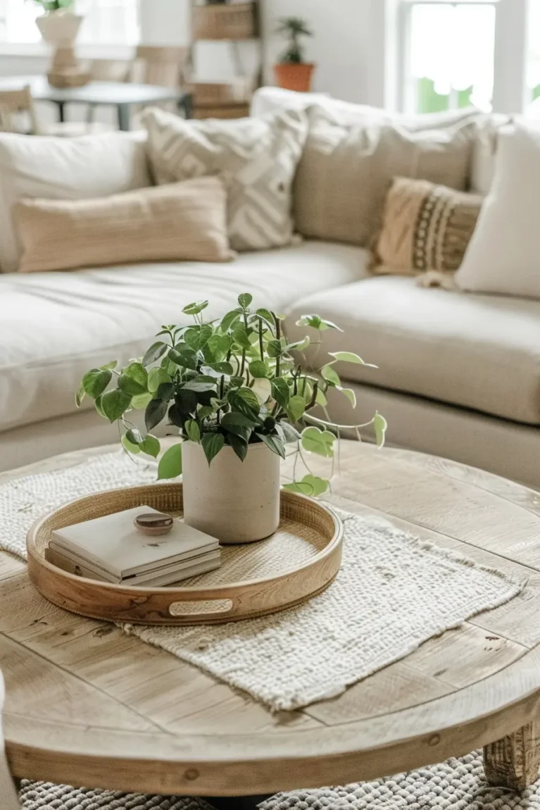 A light-colored living room with a beige sectional sofa, a wooden coffee table holding a potted plant, a stack of books, and a small decorative item on a woven mat.